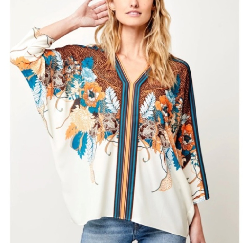 Rose & Olive Cream Floral V-Neck Blouse with Teal and Orange Accents